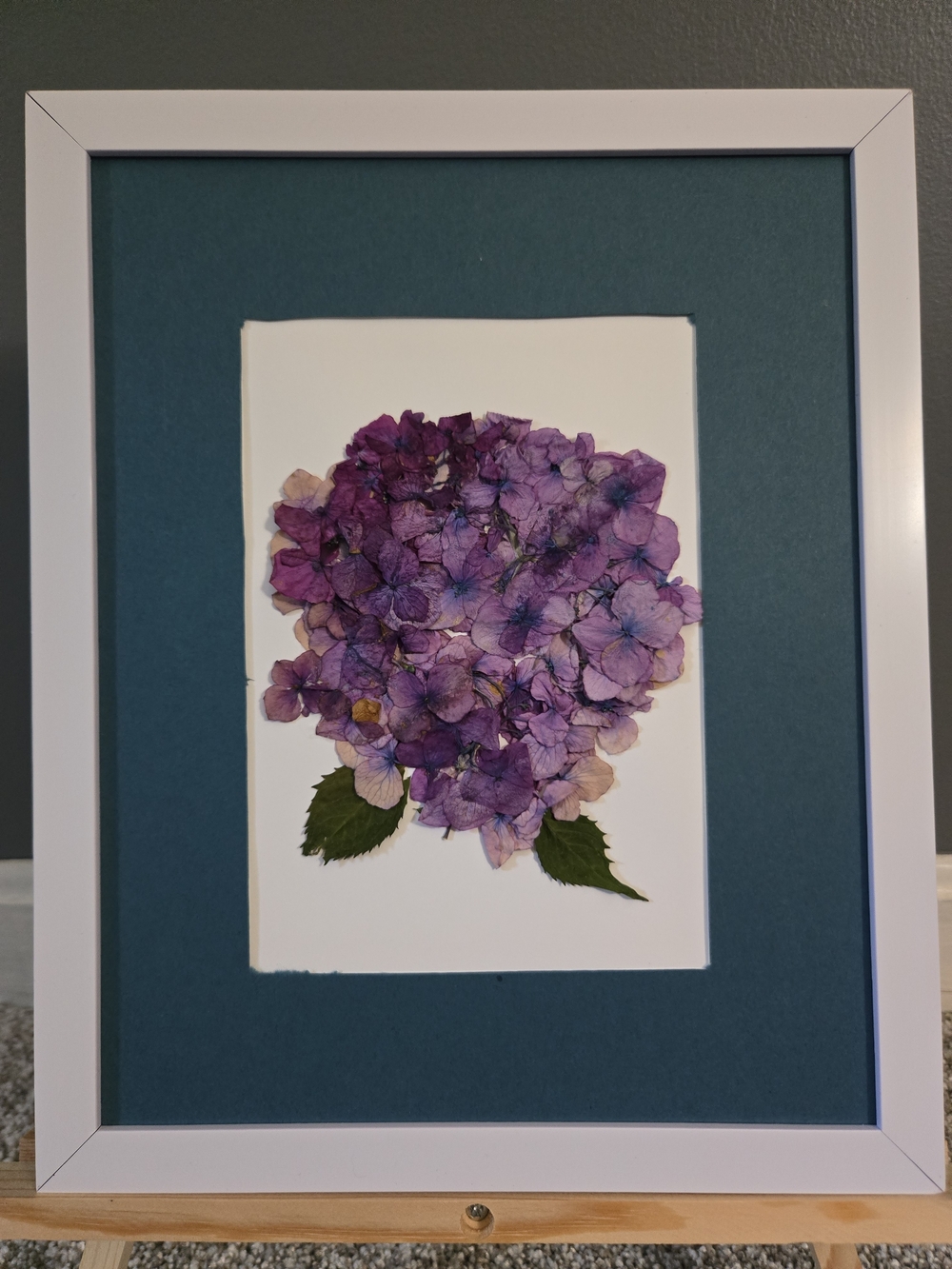 Framed Pressed Hydrangea Art in Purple with Teal Mat